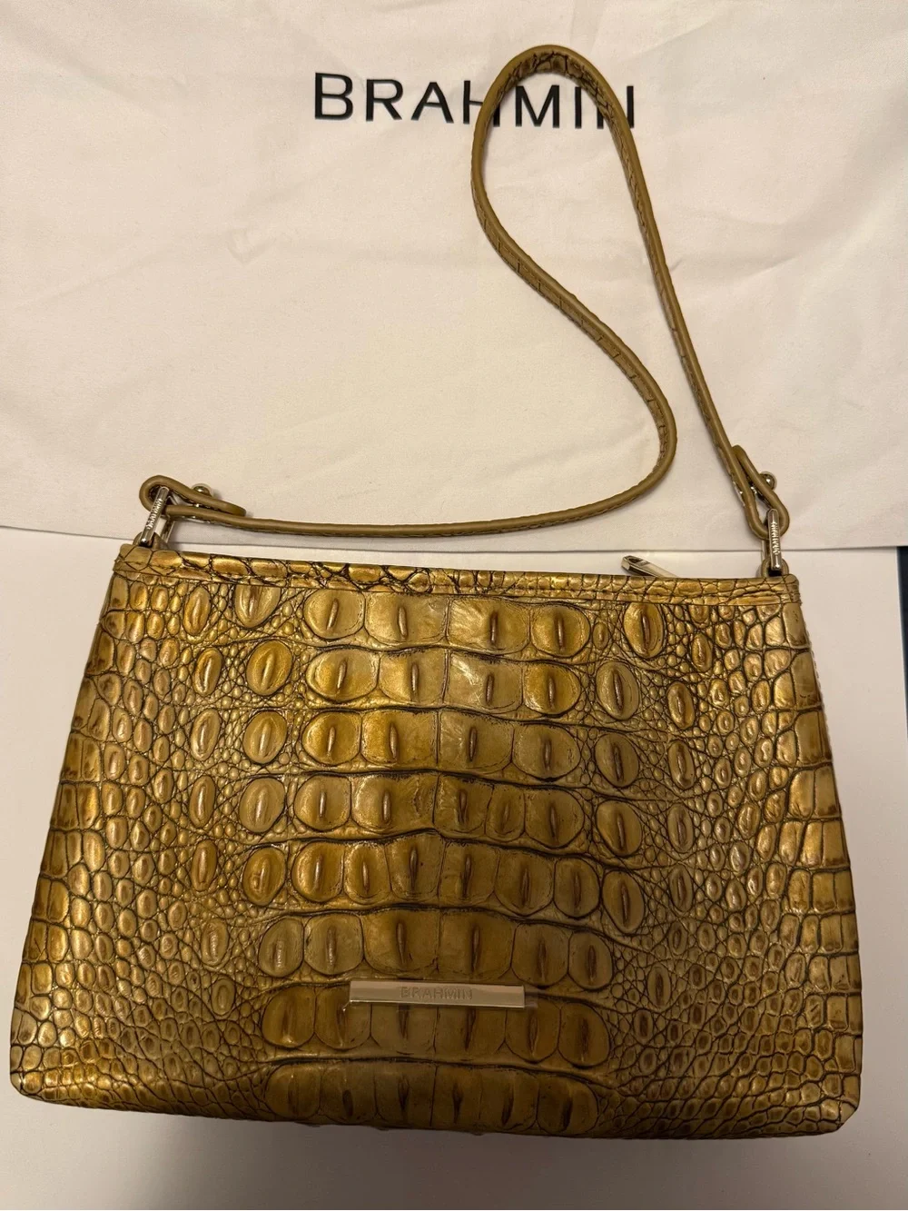Brahmin Lorelei Metallic Gold Croc-Embossed Shoulder Bag